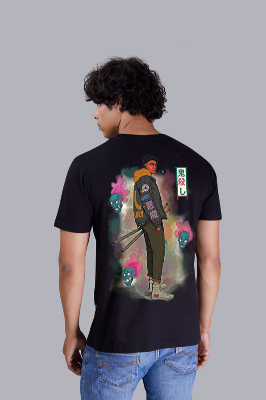 Black Warrior Print Men Round T-Shirt