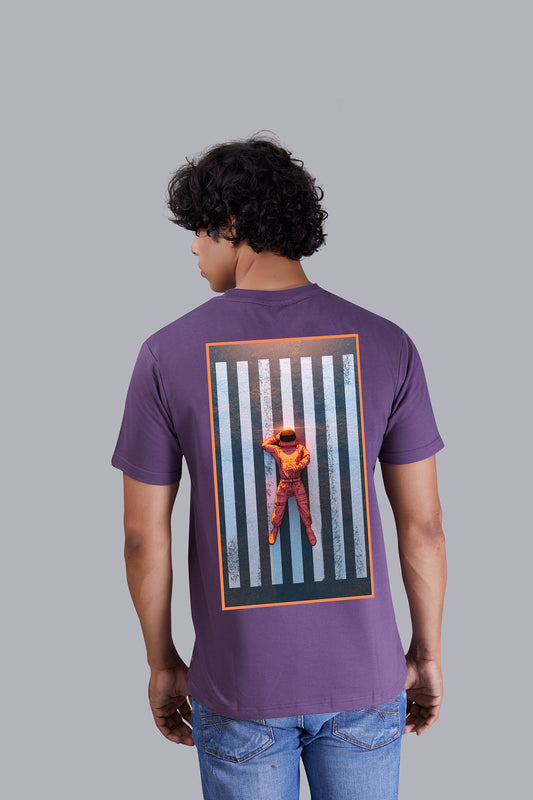 Grape Astronaut Back Print Round Neck T-Shirt