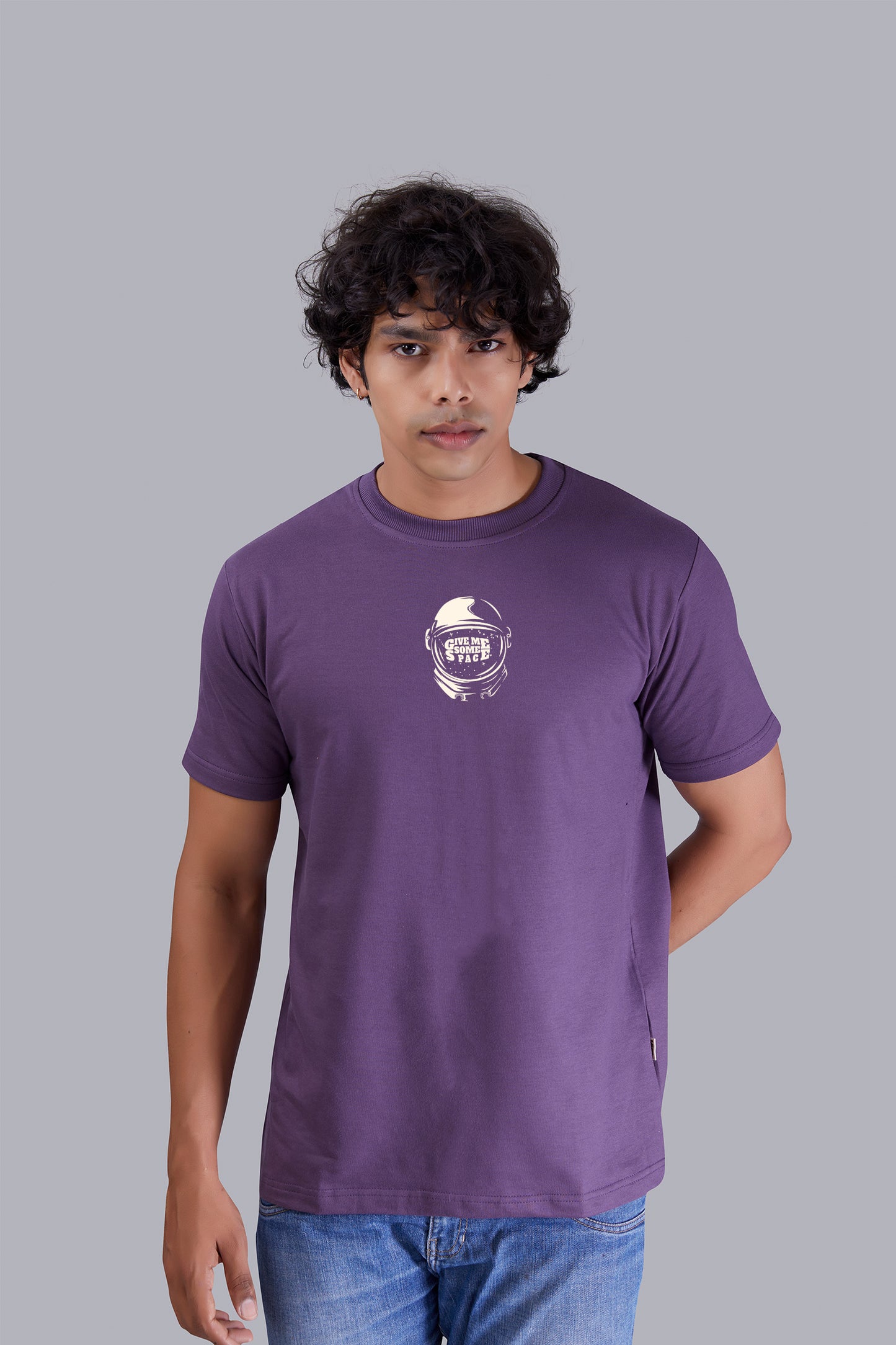 Grape Astronaut Back Print Round Neck T-Shirt