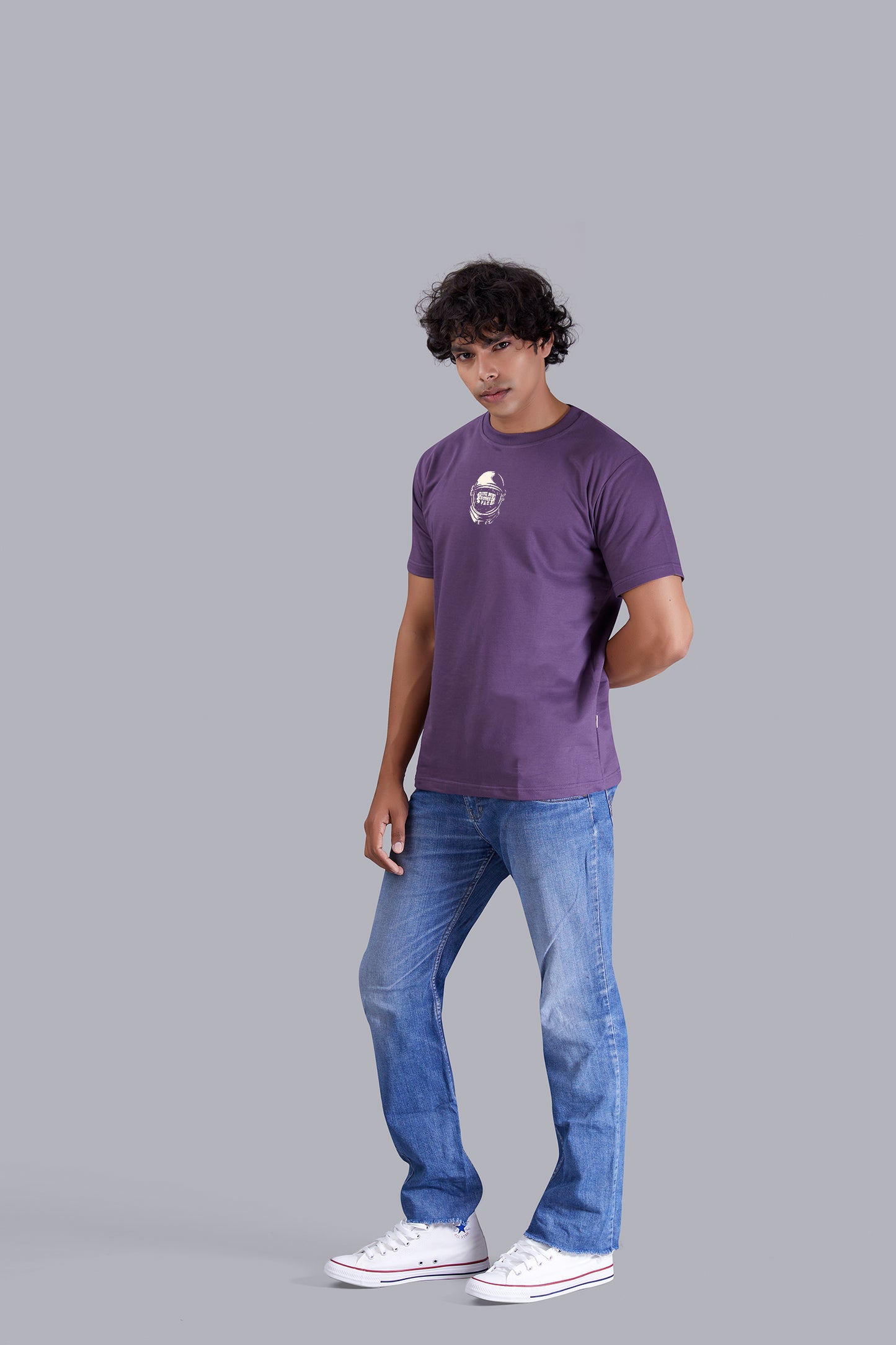 Grape Astronaut Back Print Round Neck T-Shirt