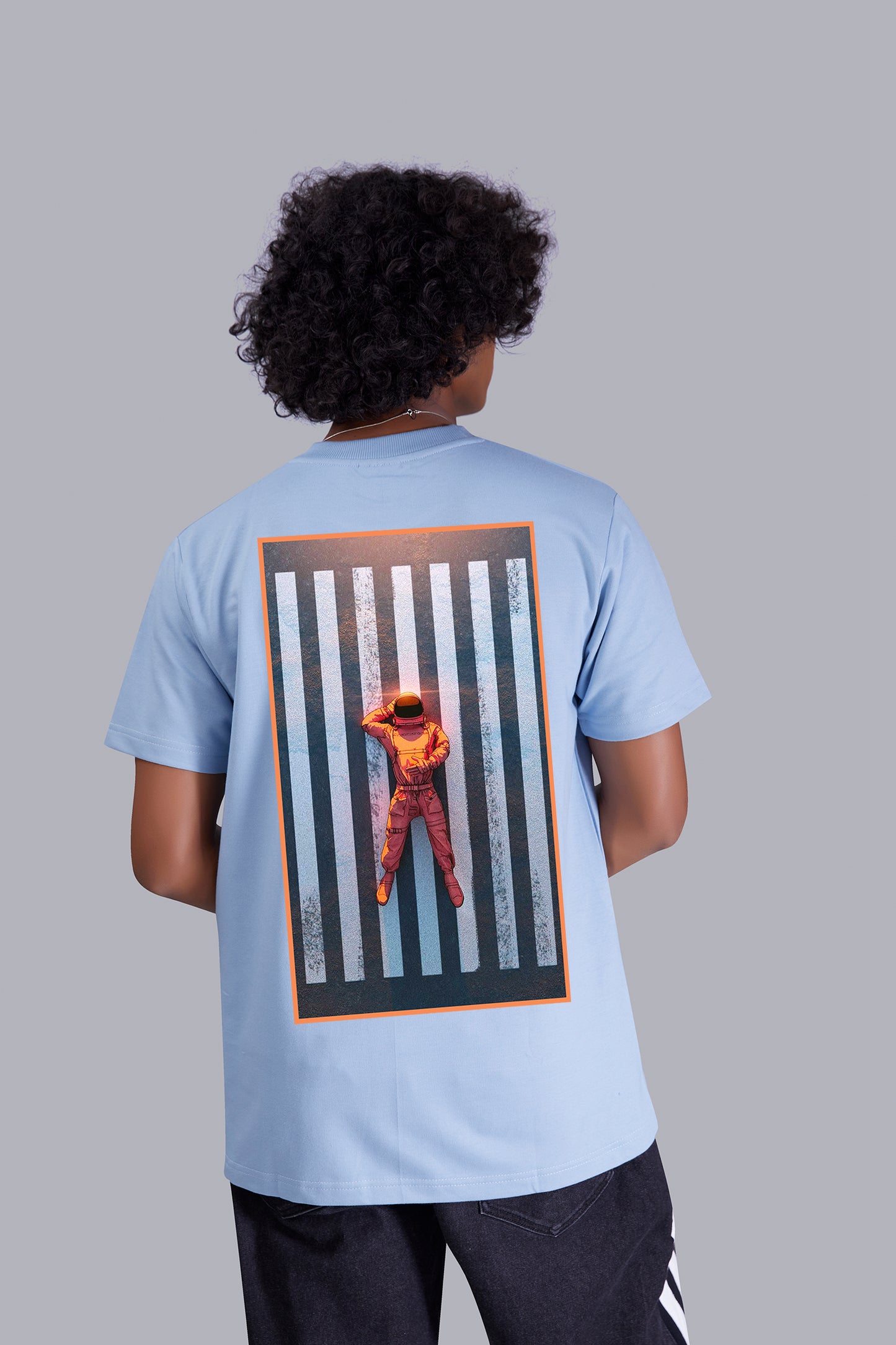 Skyblue Astronaut Back Print Round Neck T-Shirt