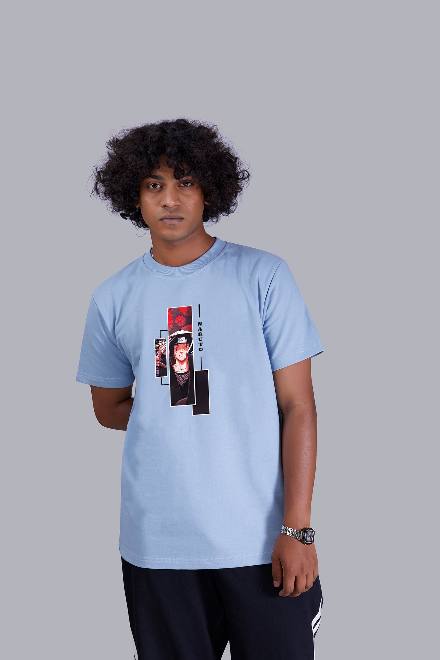 Skyblue Dude's Portrait printed round T -Shirt