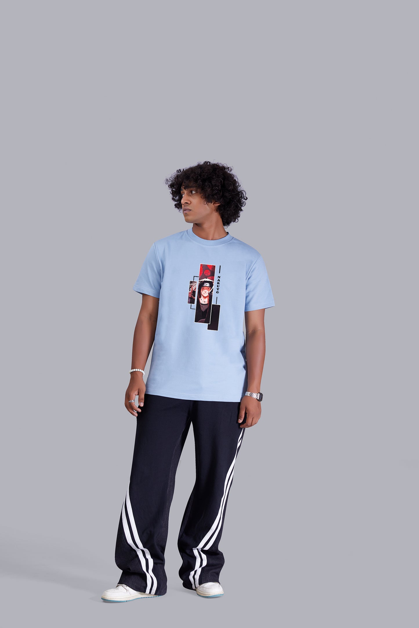 Skyblue Dude's Portrait printed round T -Shirt