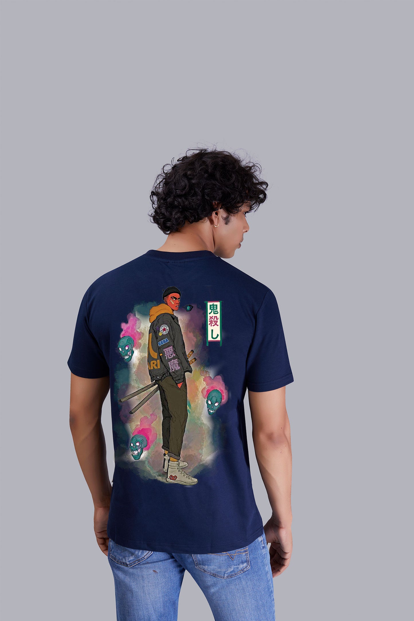 Navyblue Warrior Print Men Round T-Shirt