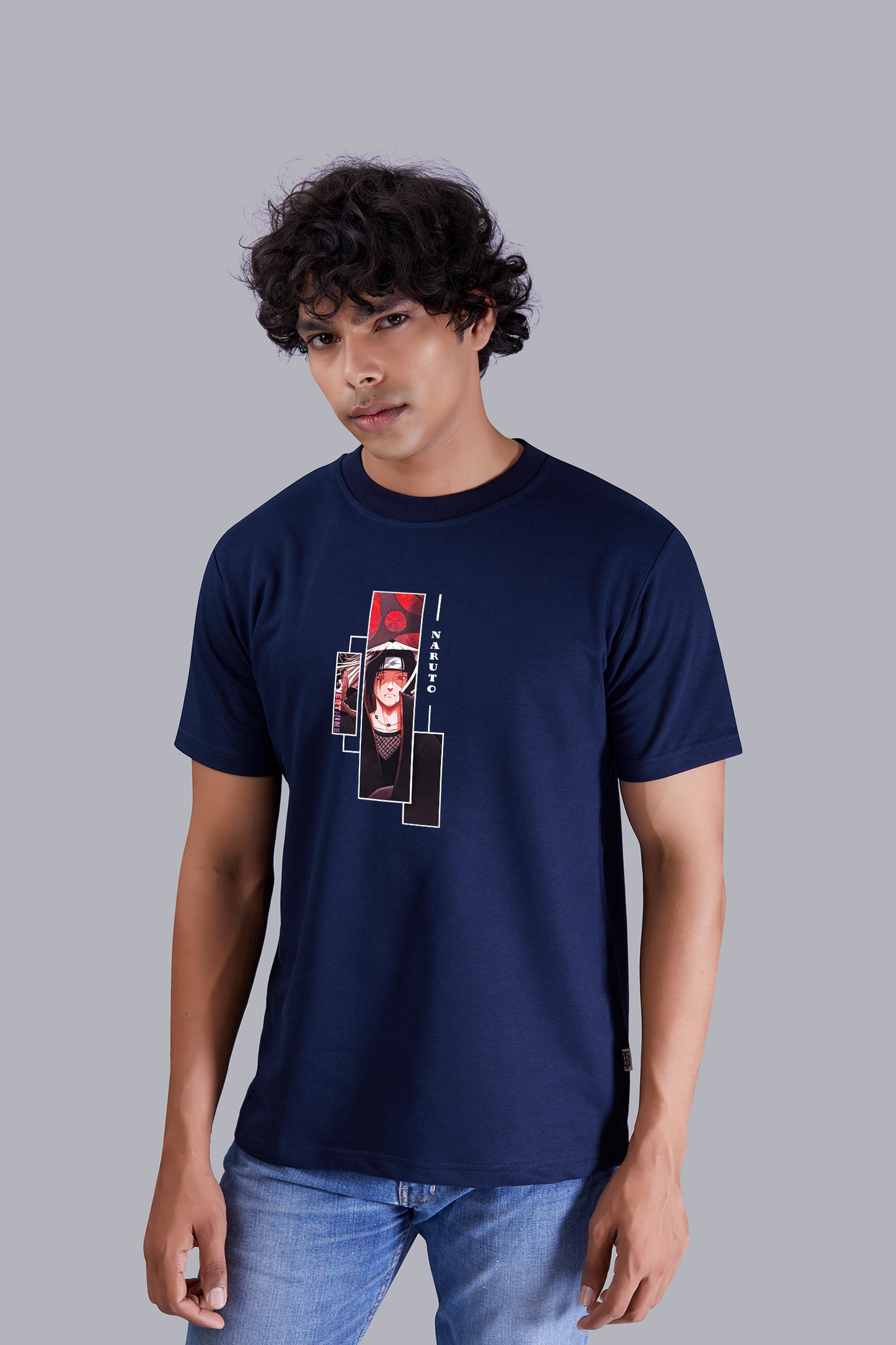 Navyblue Dude's Portrait printed round T -Shirt