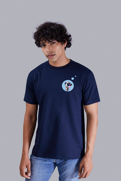 Navy Blue Printed Round Tshirt For Men