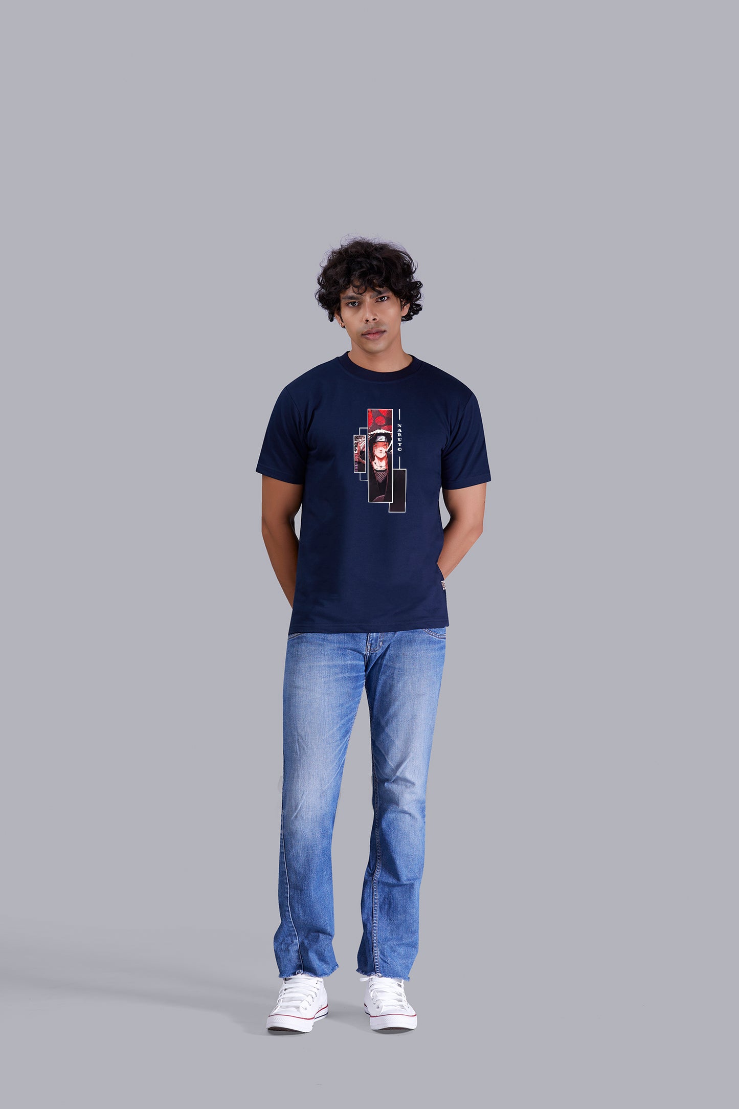 Navyblue Dude's Portrait printed round T -Shirt