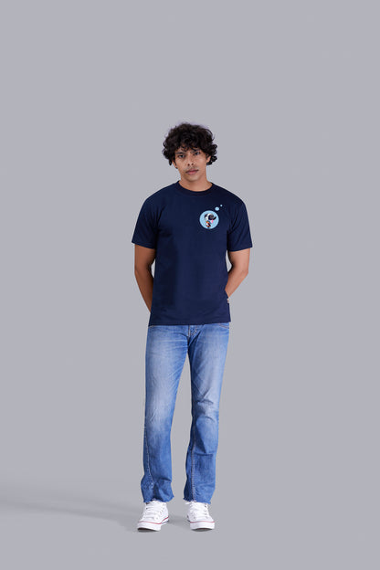 Navy Blue Printed Round Tshirt For Men