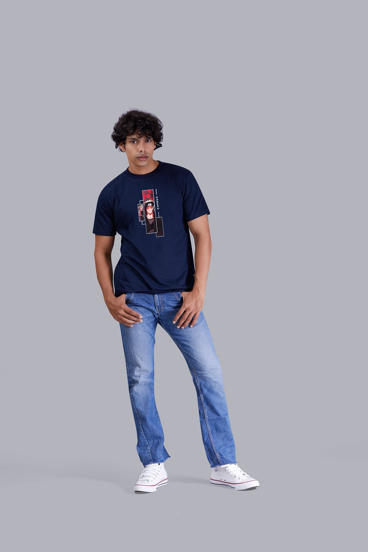 Navyblue Dude's Portrait printed round T -Shirt