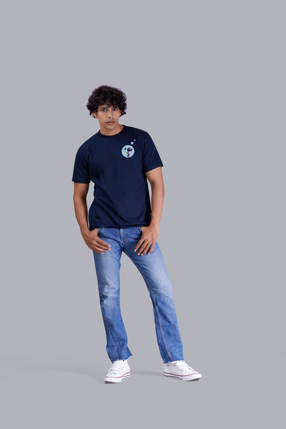 Navy Blue Printed Round Tshirt For Men