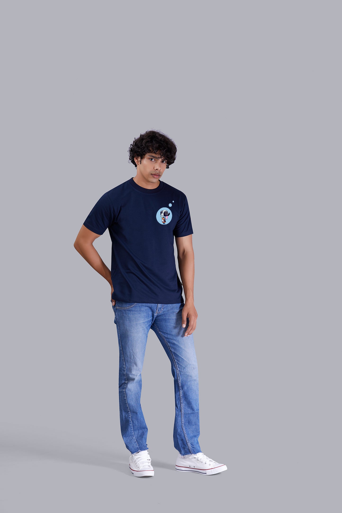 Navy Blue Printed Round Tshirt For Men