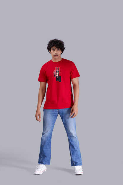 Red Dude's Portrait printed round T -Shirt