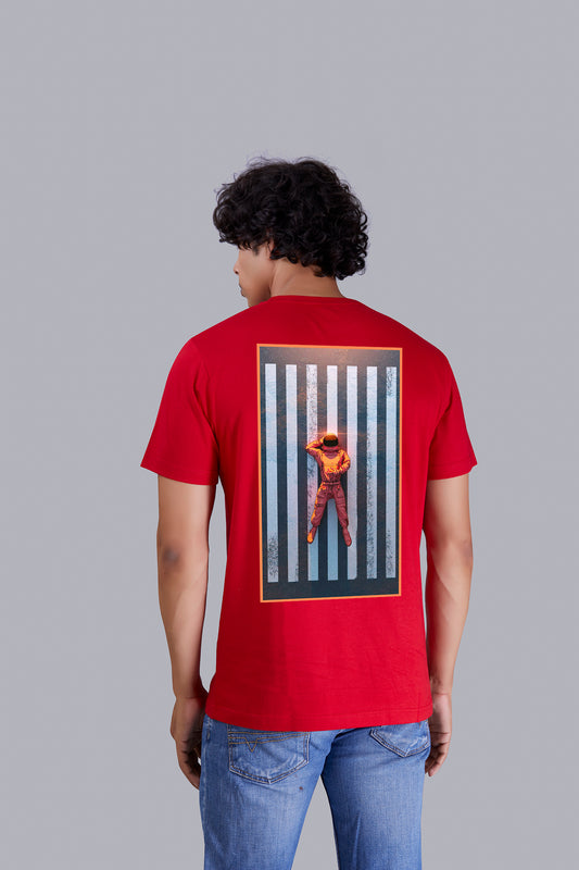 Red Astronaut Back Print Round Neck T-Shirt