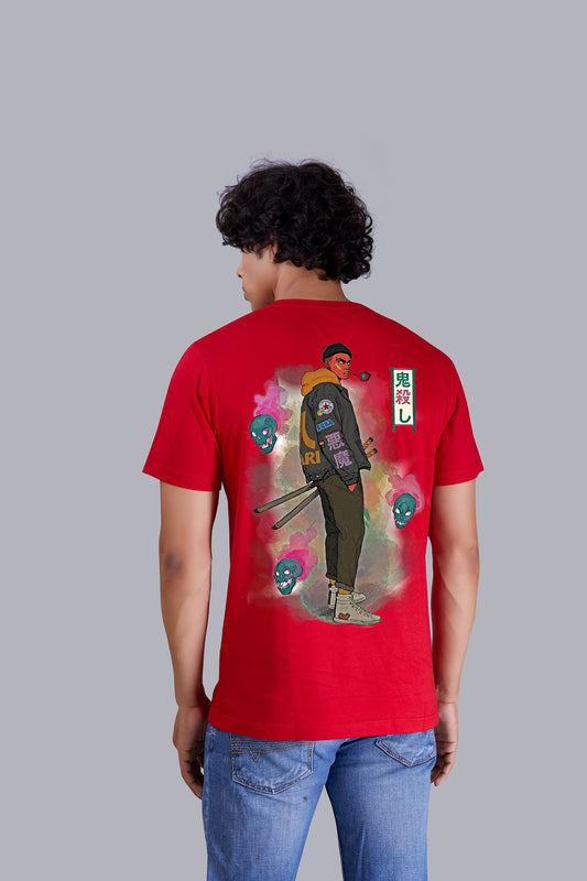 Red Warrior Print Men Round T-Shirt