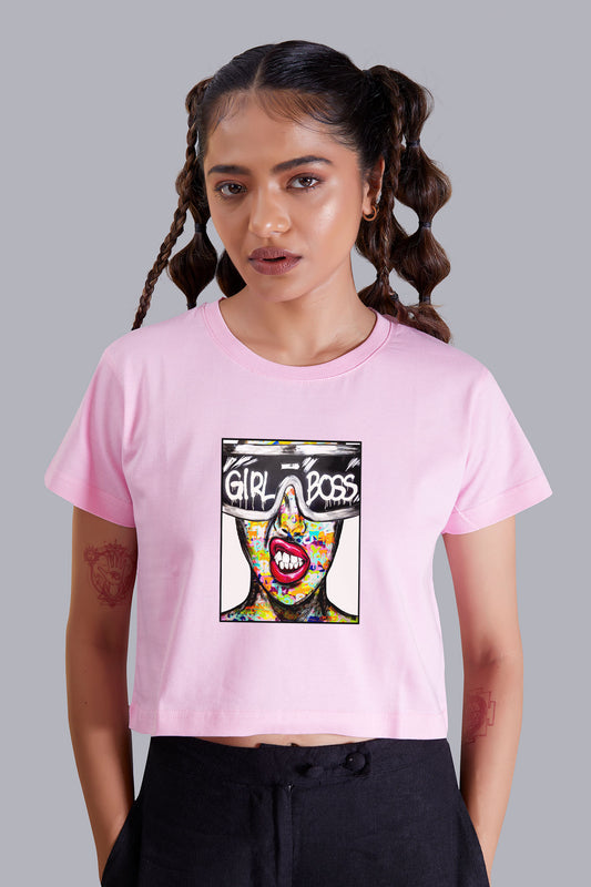 Babypink Girl Boss Printed Cropped T shirt