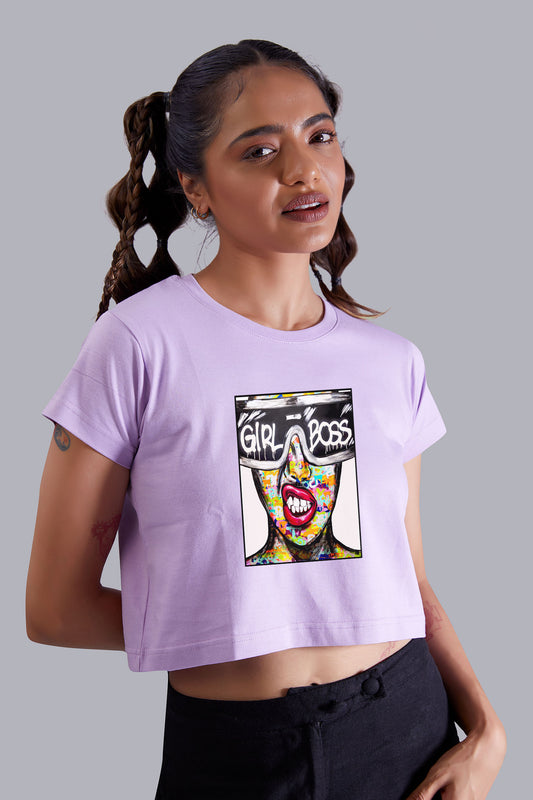 Lavender Girl Boss Printed Cropped T shirt