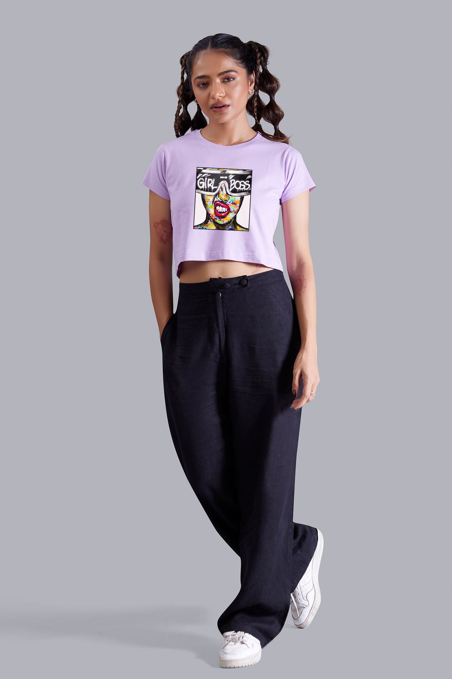 Lavender Girl Boss Printed Cropped T shirt