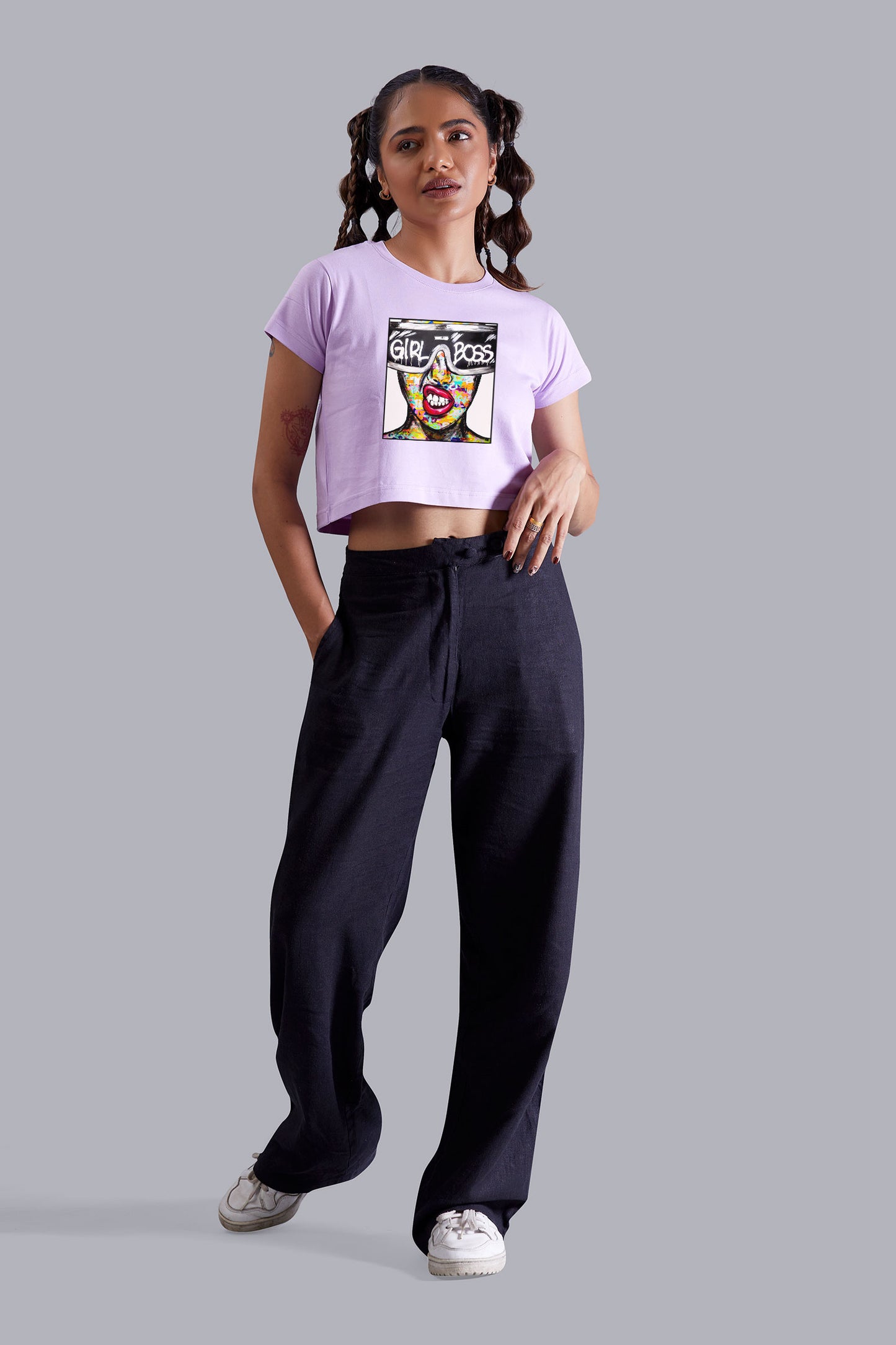 Lavender Girl Boss Printed Cropped T shirt