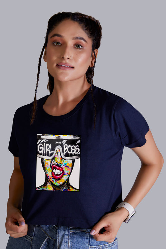 Navyblue Girl Boss Printed Cropped T shirt