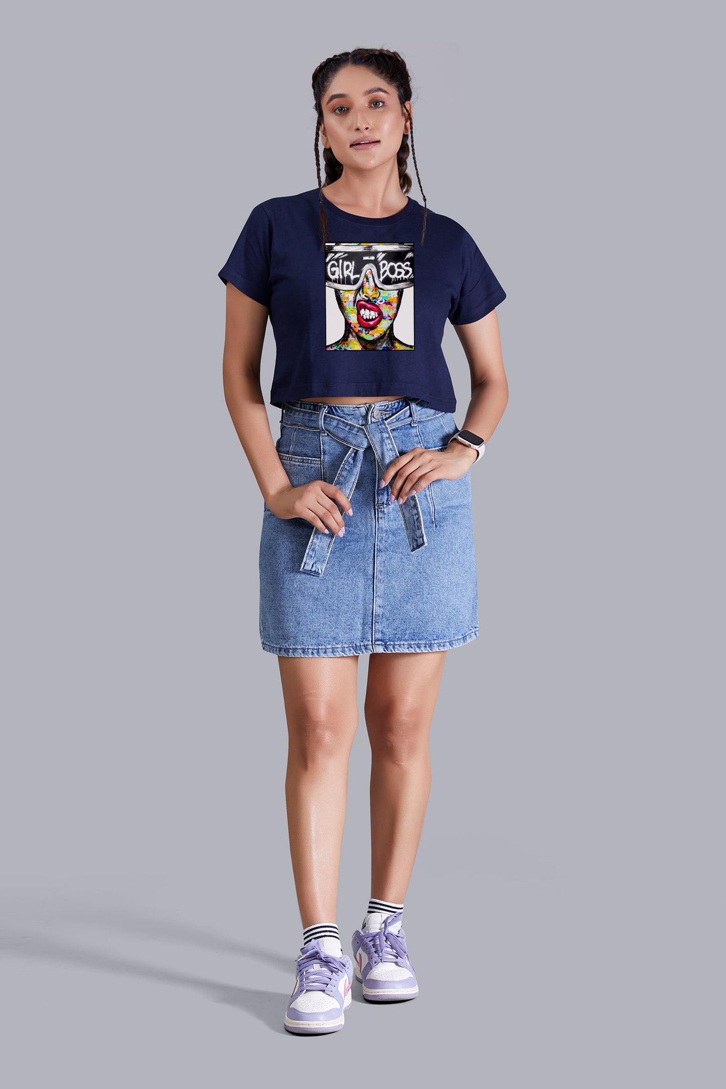 Navyblue Girl Boss Printed Cropped T shirt