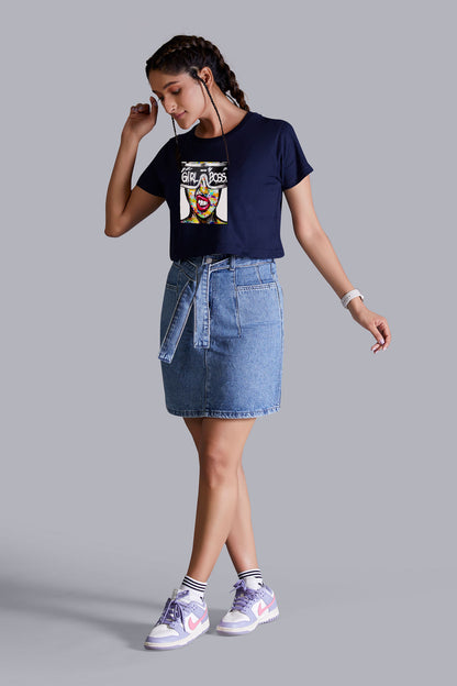 Navyblue Girl Boss Printed Cropped T shirt