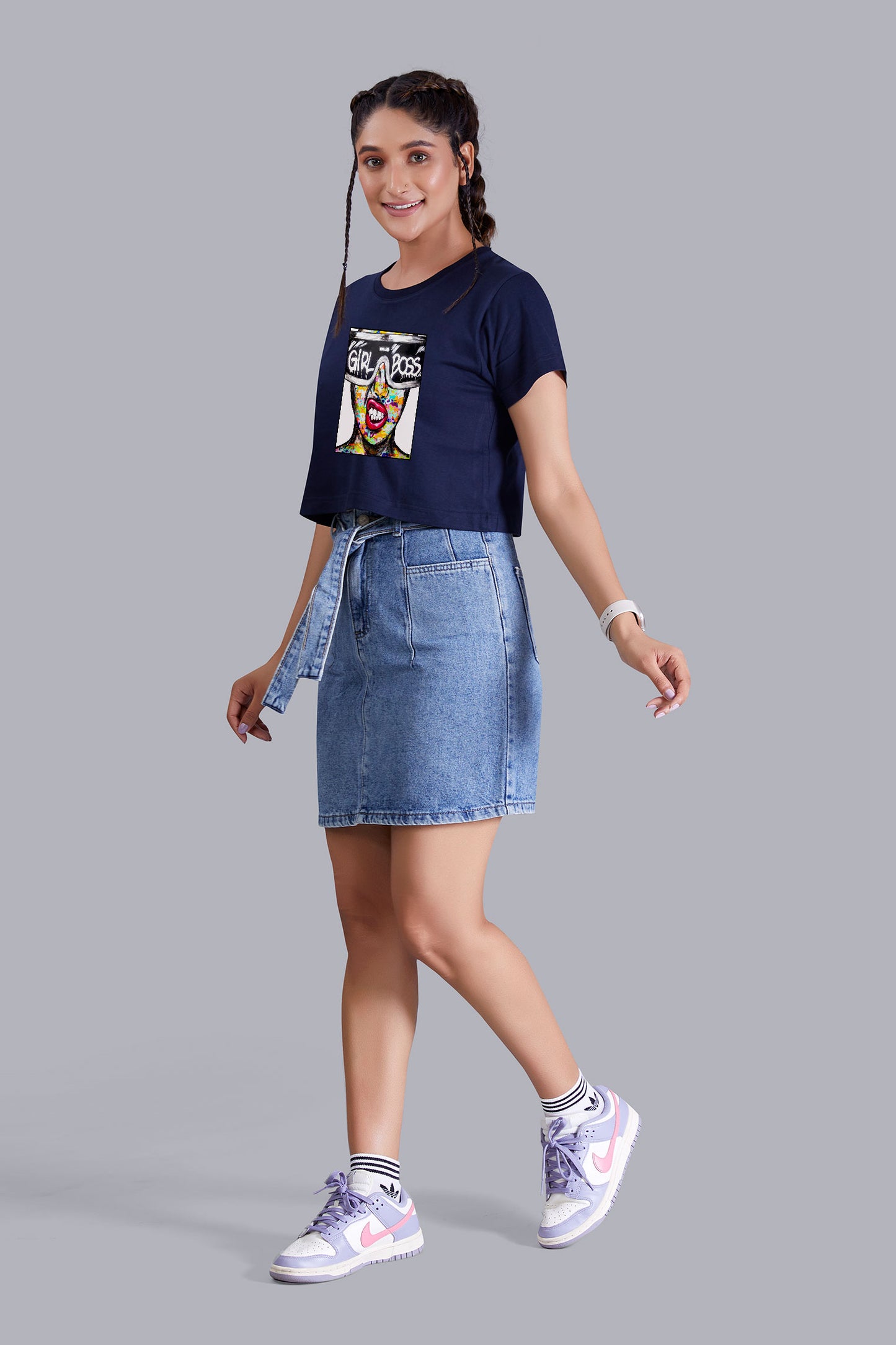 Navyblue Girl Boss Printed Cropped T shirt