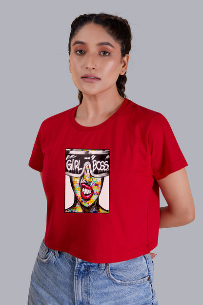 Red Girl Boss Printed Cropped T shirt