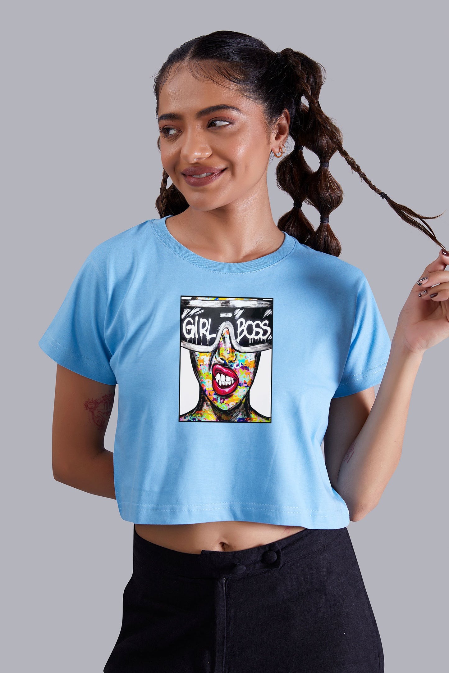 Skyblue Girl Boss Printed Cropped T shirt