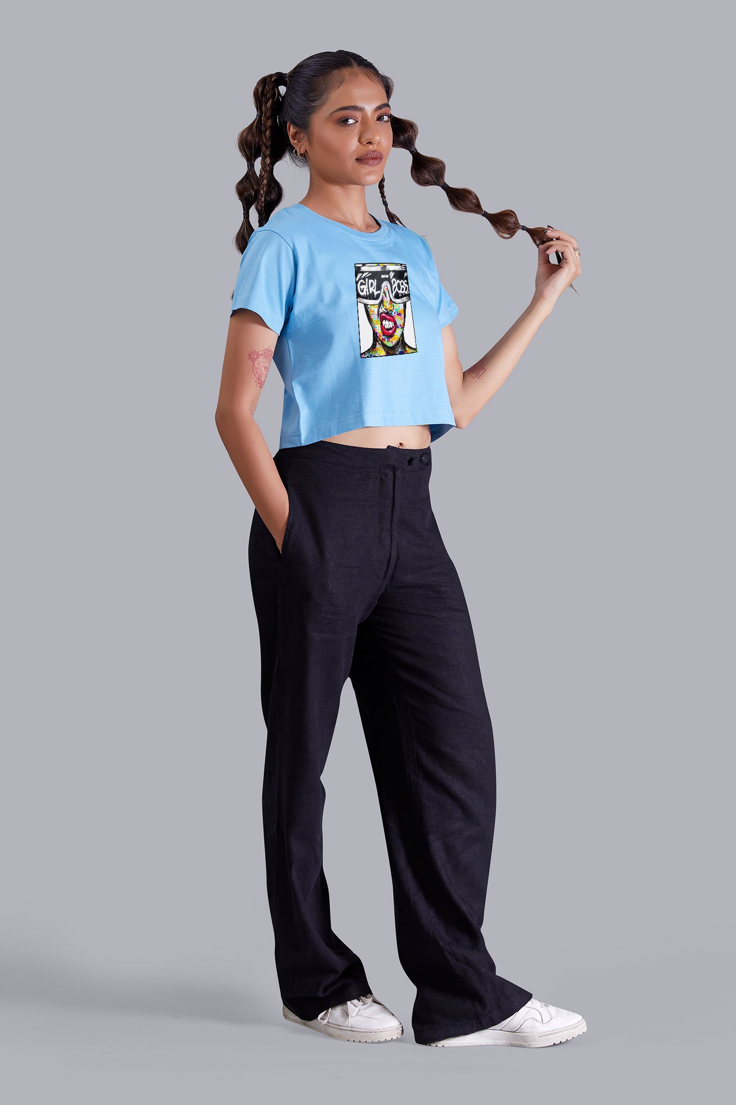 Skyblue Girl Boss Printed Cropped T shirt