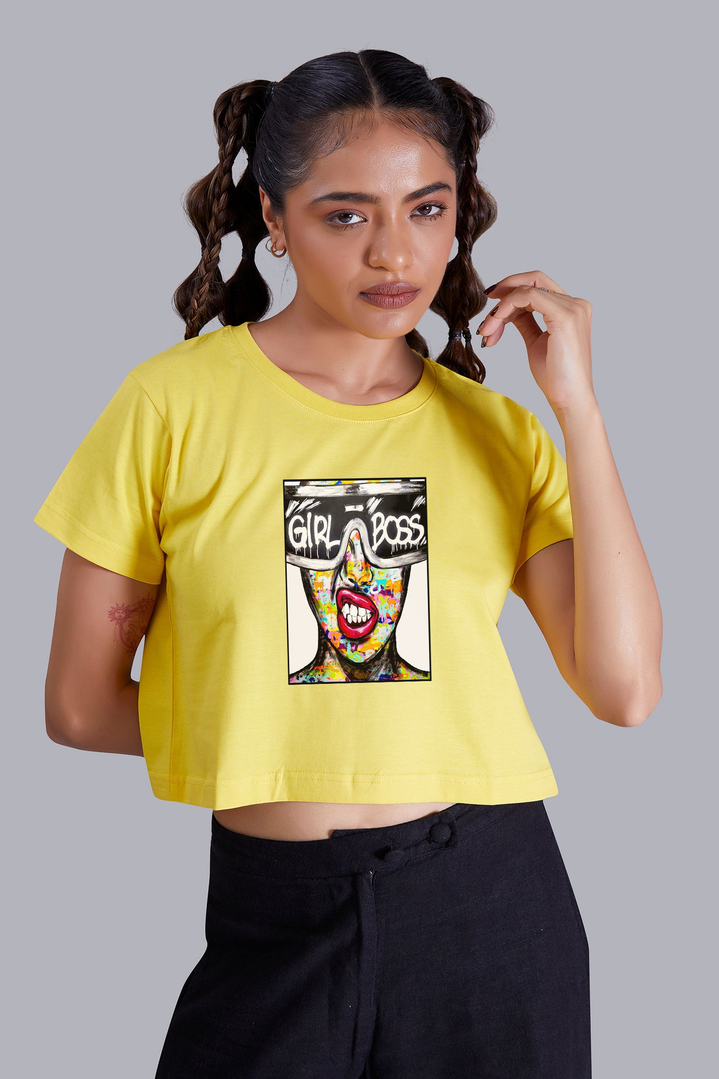 Yellow Girl Boss Printed Cropped T shirt