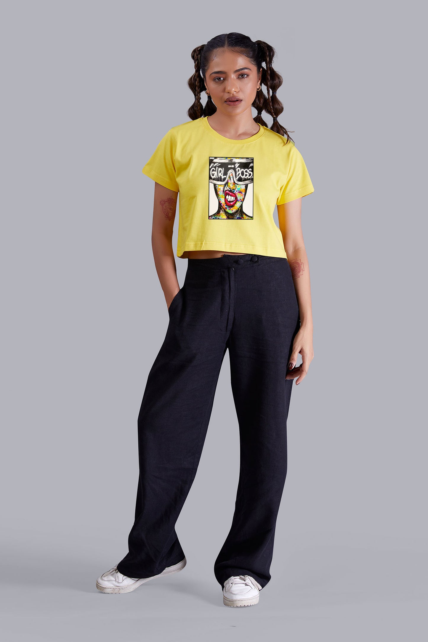 Yellow Girl Boss Printed Cropped T shirt