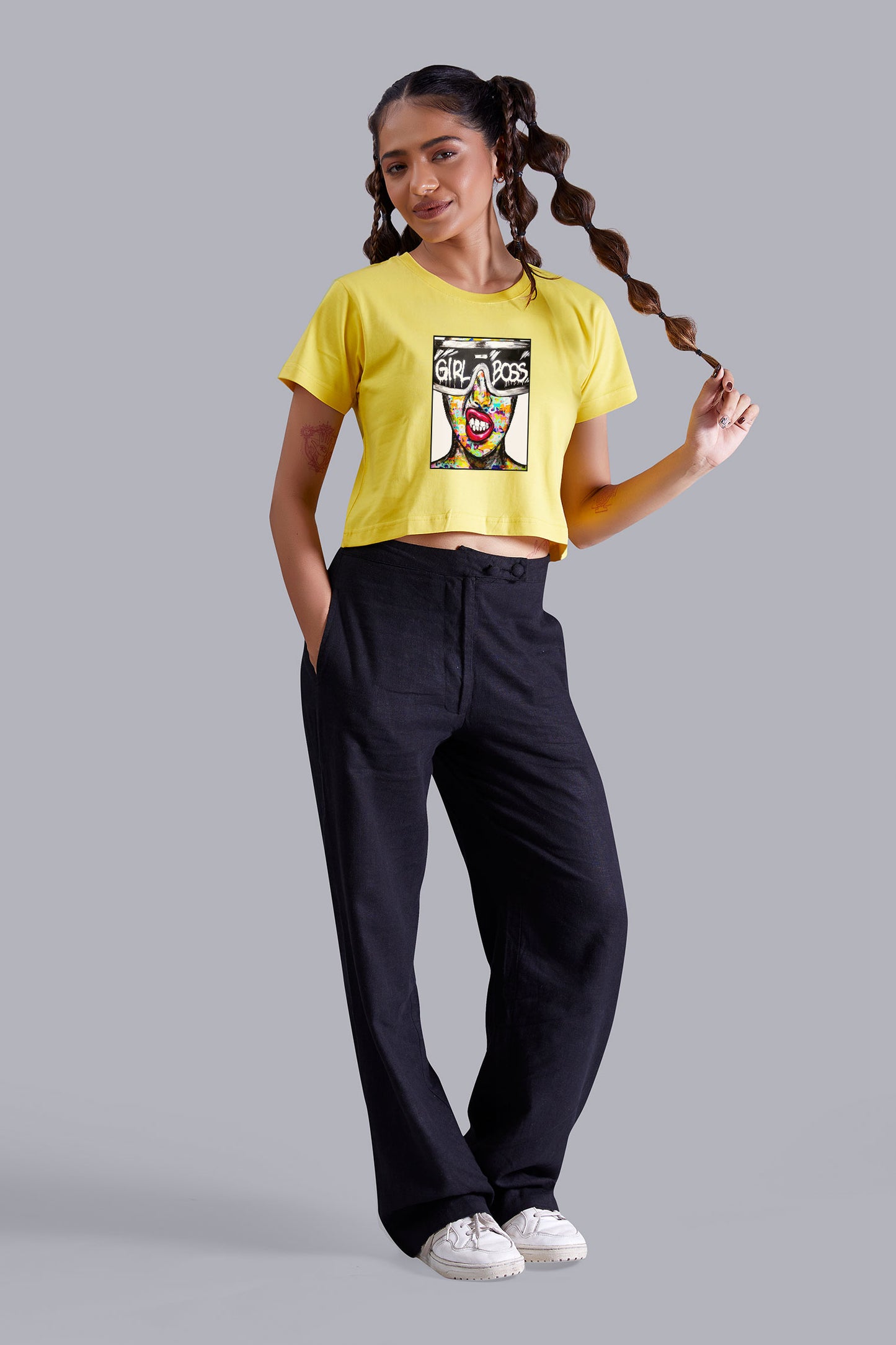 Yellow Girl Boss Printed Cropped T shirt