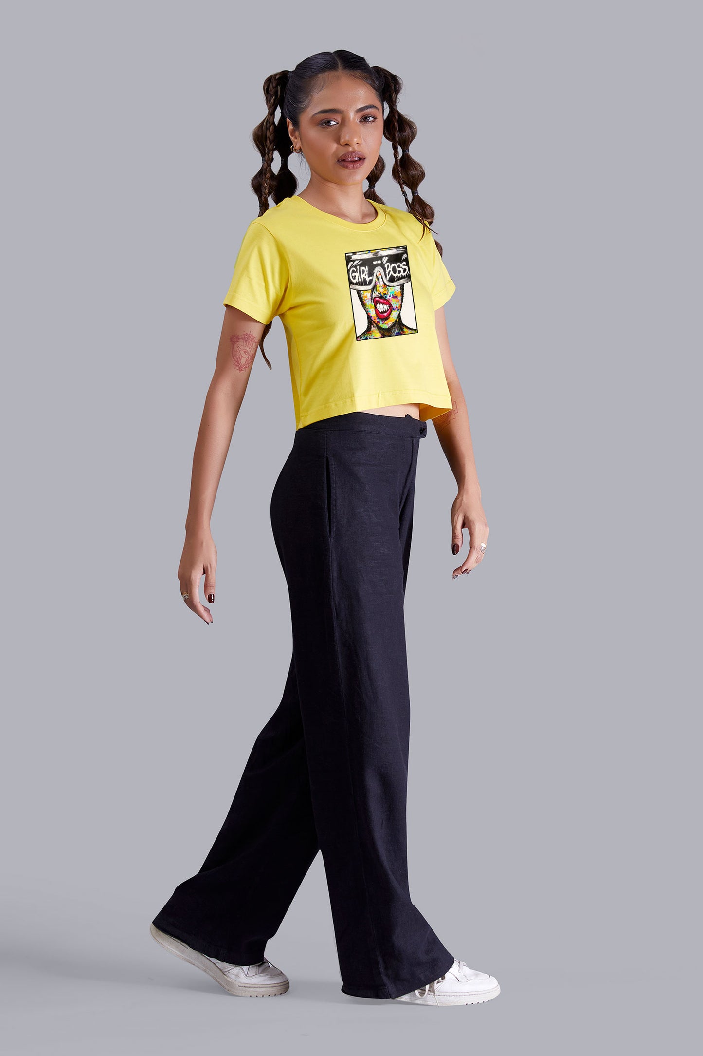 Yellow Girl Boss Printed Cropped T shirt