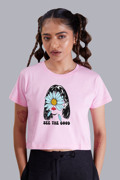 See The Good Flower Babypink Printed Cropped T shirt