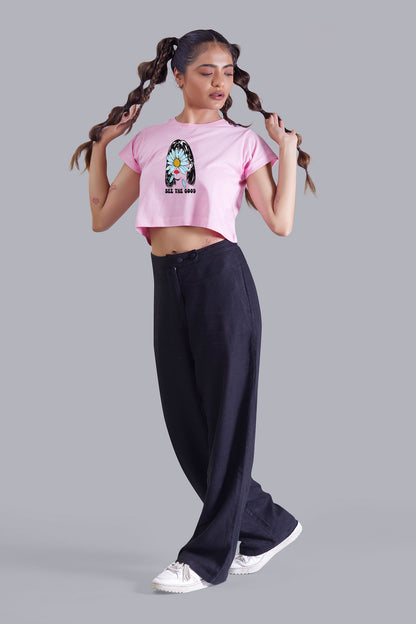 See The Good Flower Babypink Printed Cropped T shirt