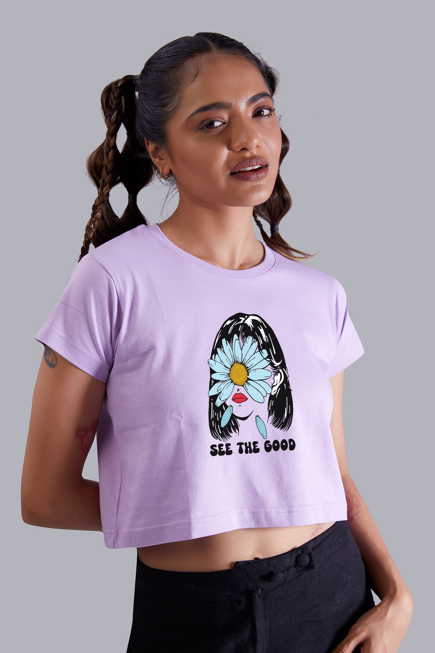 See The Good Flower Lavender Printed Cropped T shirt