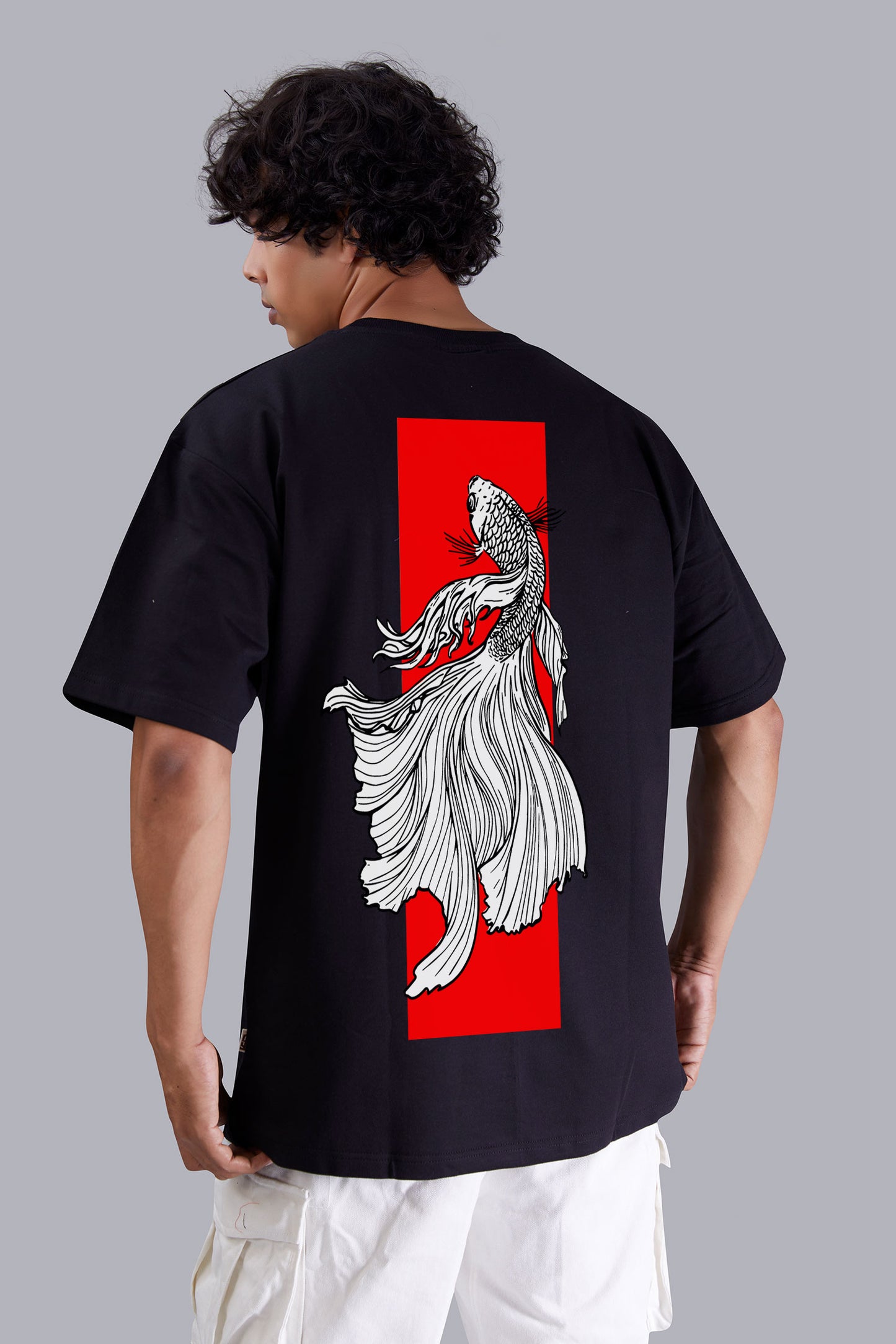 Black Fighter Fish Printed Oversized Men's Tshirt