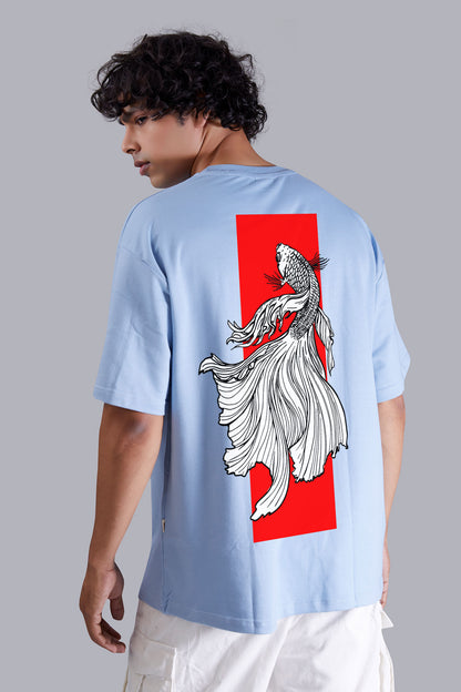 Skyblue Fighter Fish Printed Oversized Men's Tshirt