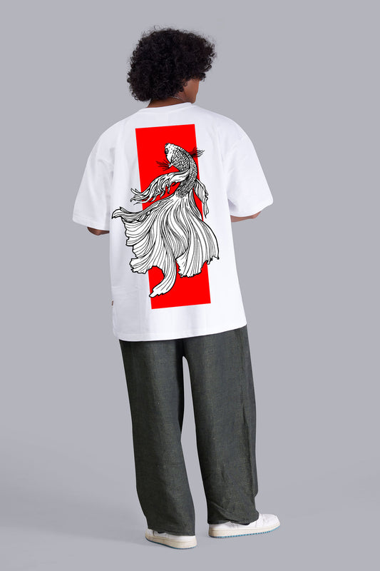 White Fighter Fish Printed Oversized Men's Tshirt