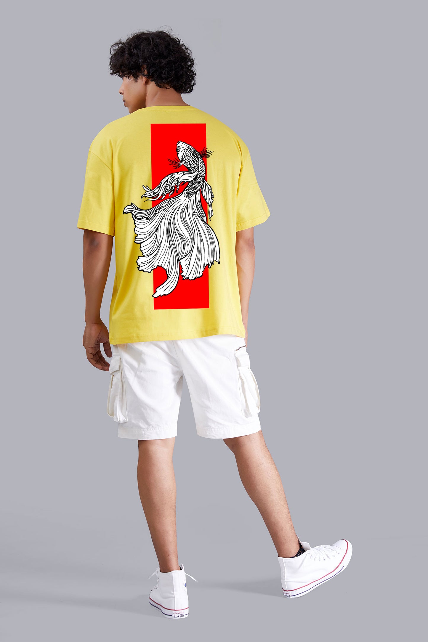 Yellow Fighter Fish Printed Oversized Men's Tshirt