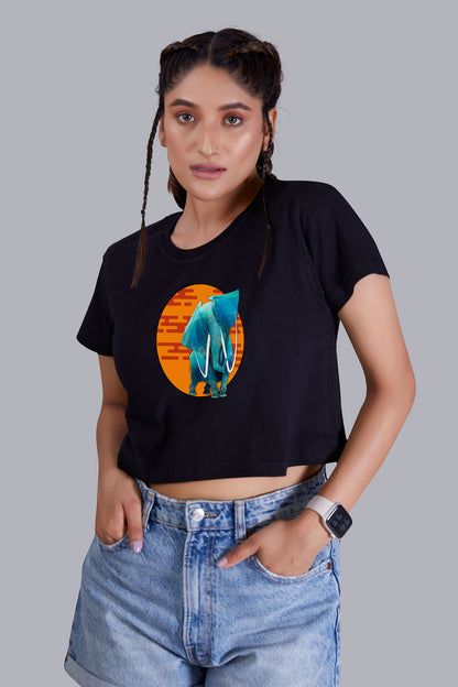 Artistic Elephant Printed Black Cropped T shirt