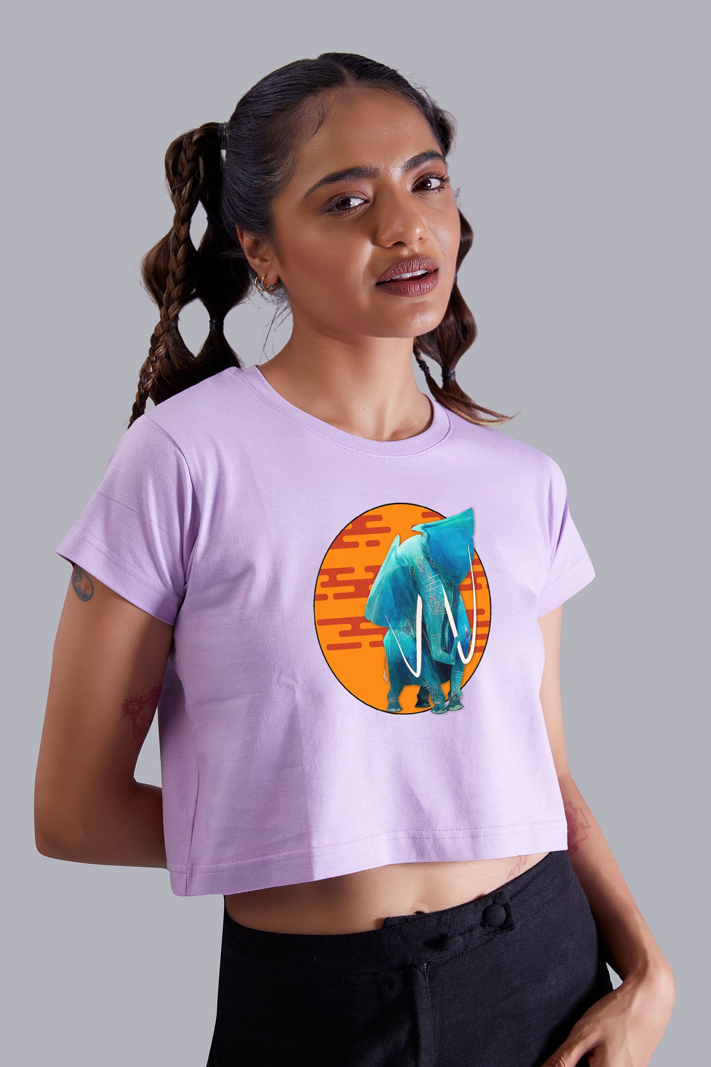 Artistic Elephant Printed Lavender Cropped T shirt