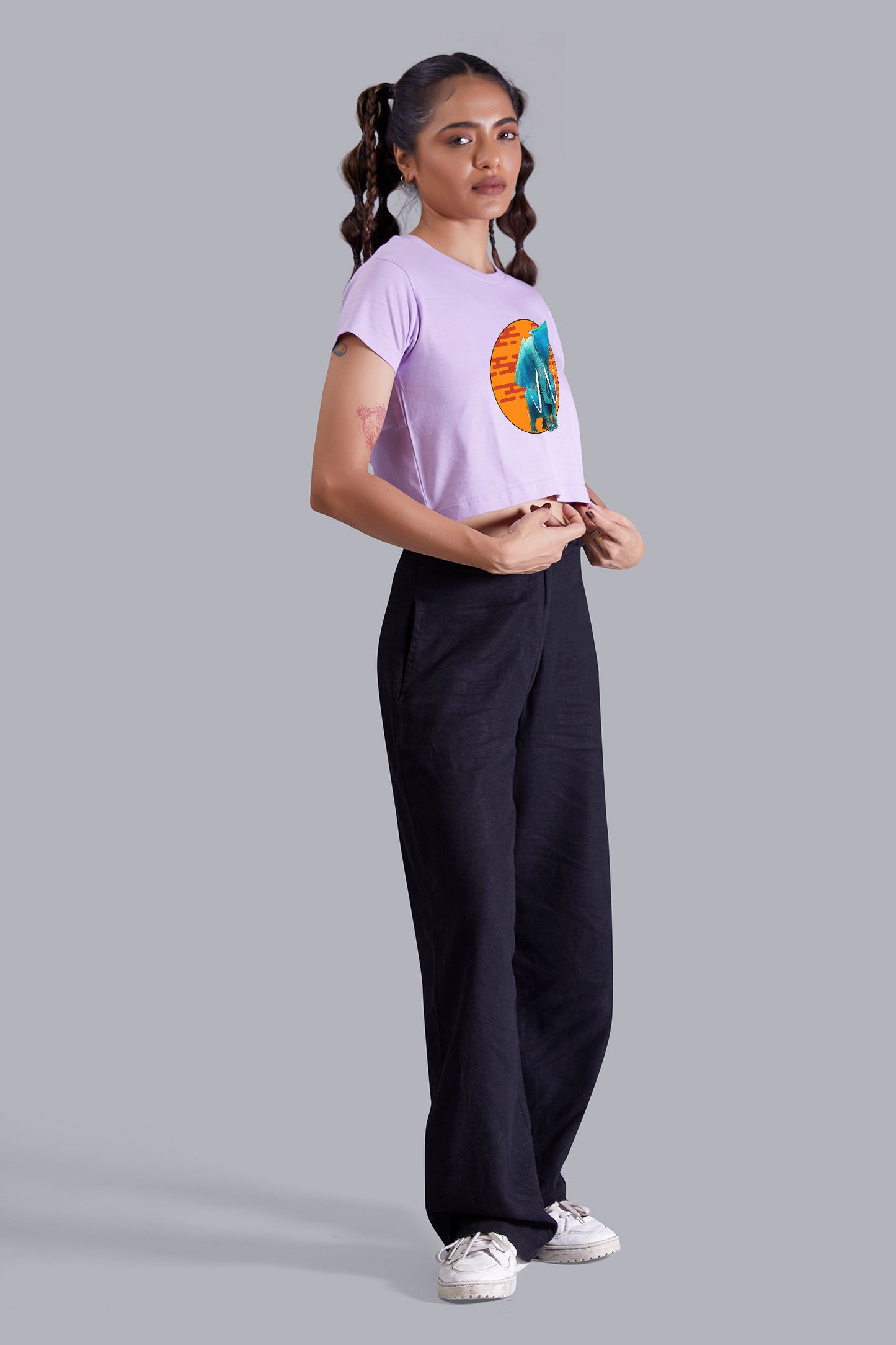 Artistic Elephant Printed Lavender Cropped T shirt