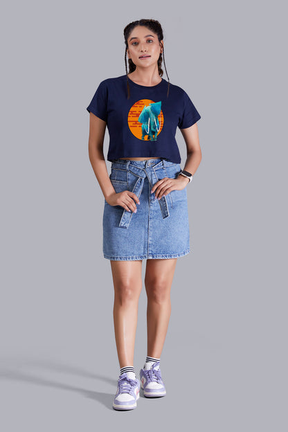 Artistic Elephant Printed Navyblue Cropped T shirt