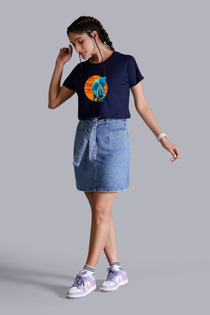 Artistic Elephant Printed Navyblue Cropped T shirt