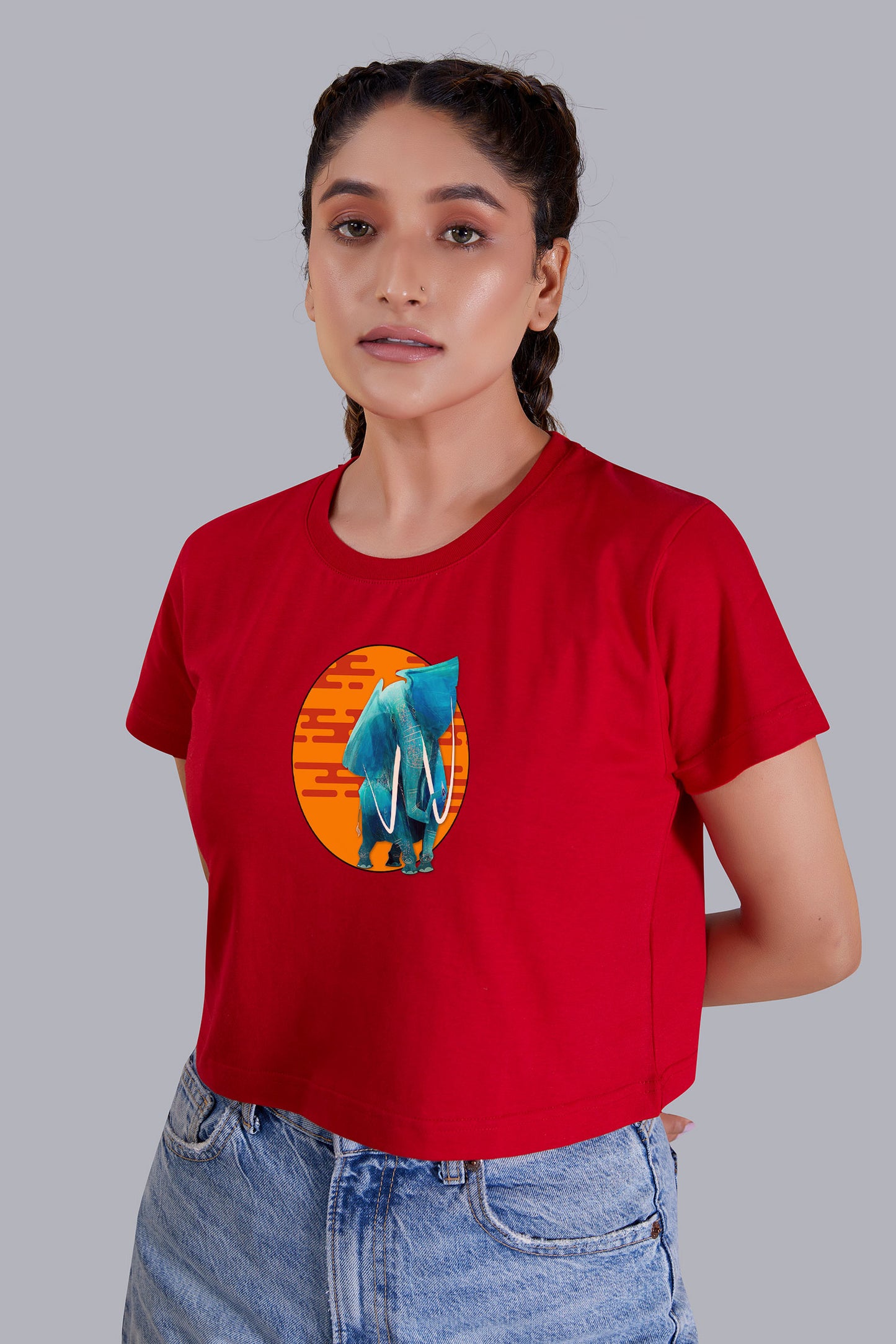 Artistic Elephant Printed Red Cropped T shirt