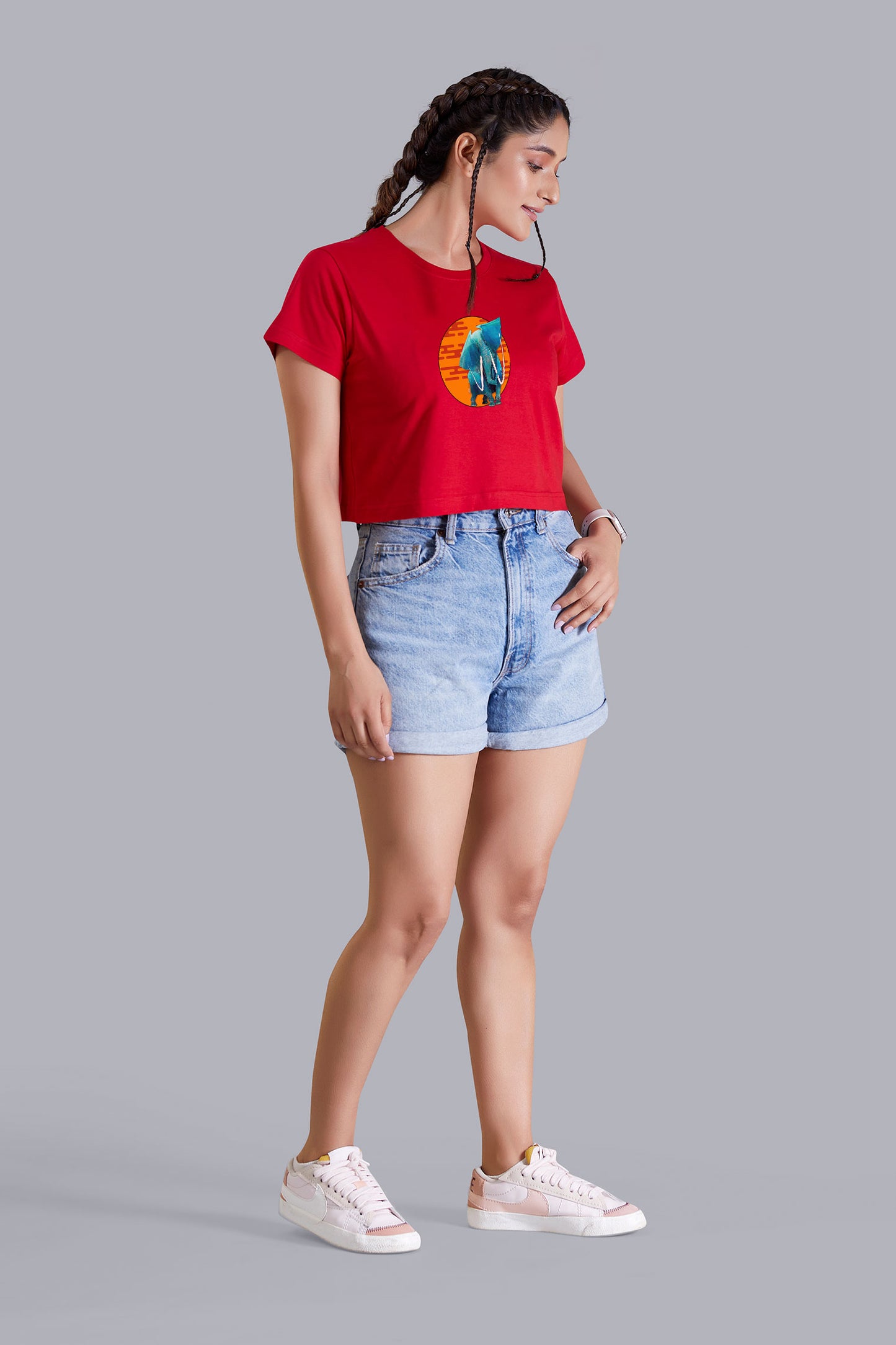 Artistic Elephant Printed Red Cropped T shirt