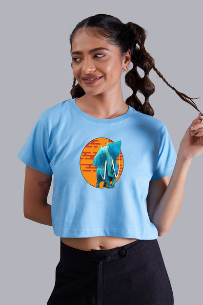 Artistic Elephant Printed Skyblue Cropped T shirt