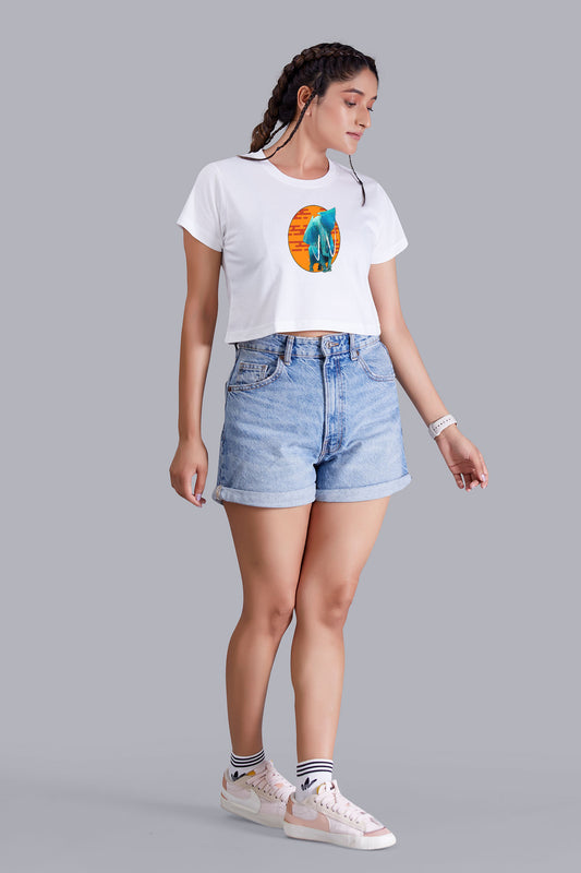 Artistic Elephant Printed White Cropped T shirt