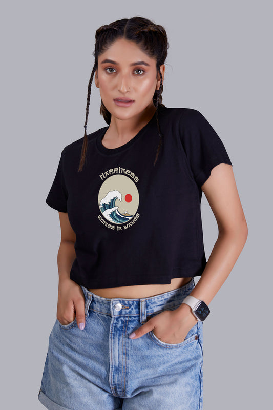 Happiness Sea Wave Black Printed Cropped T shirt